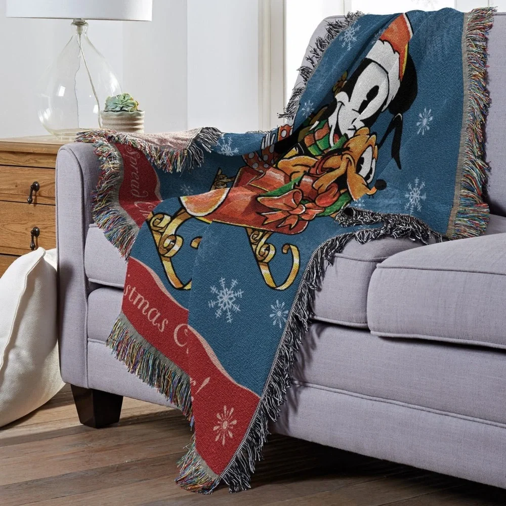 Disney Mickey Minnie Pluto Sleigh Ride Woven Made USA Tapestry Throw 48x60 Inch